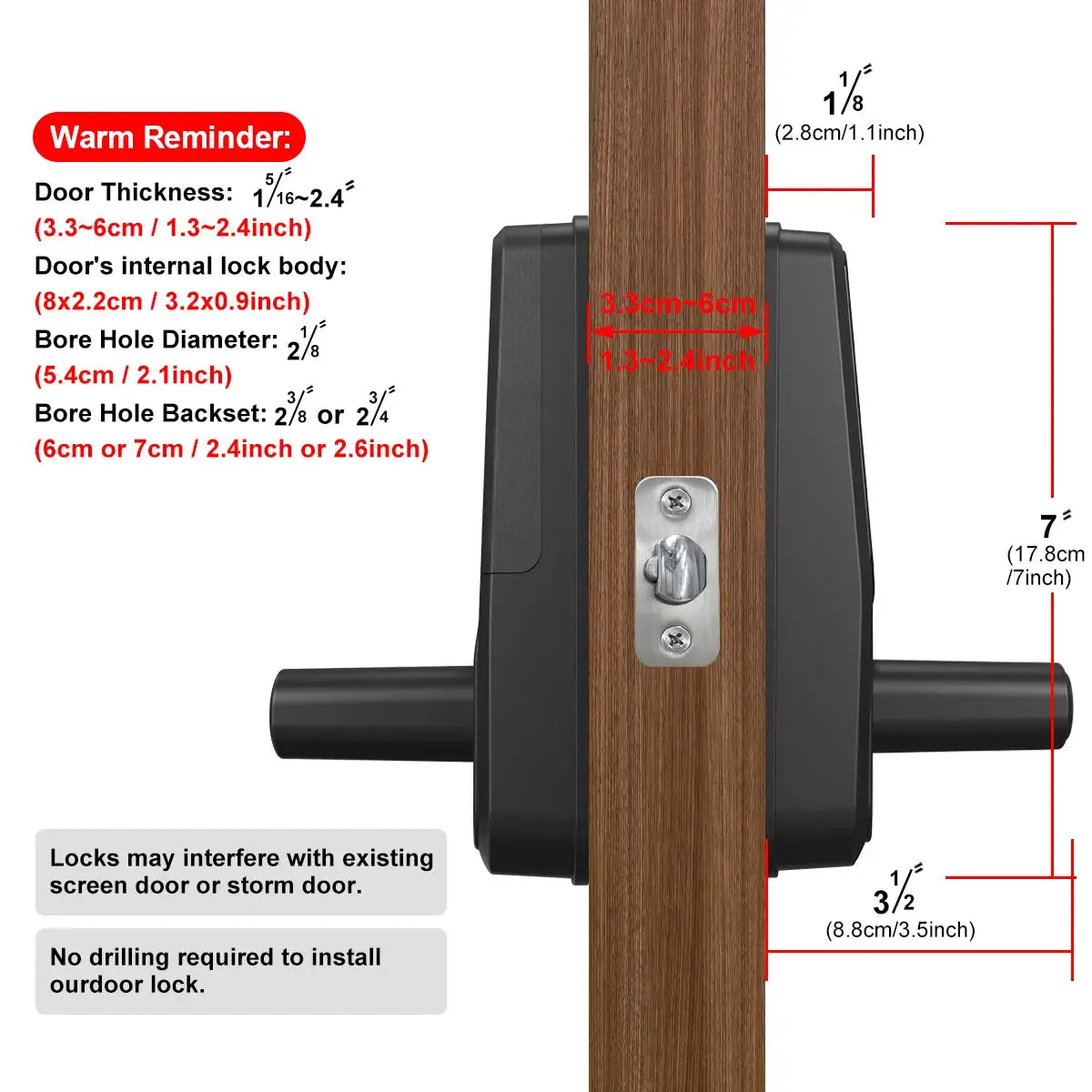 Wifi smart door lock by Simples Market on wood door; black electronic lock with biometric, password, smart card