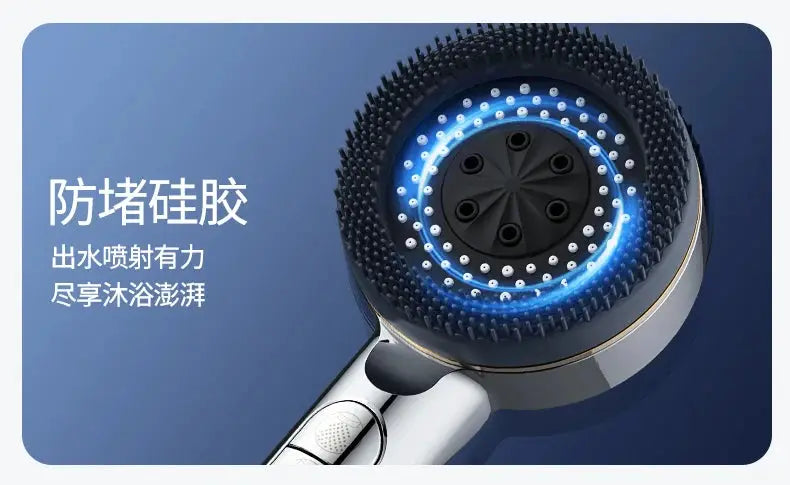 Shower head with blue LED ring, handheld chrome finish, high-pressure spray, 4 modes, water-saving filter.