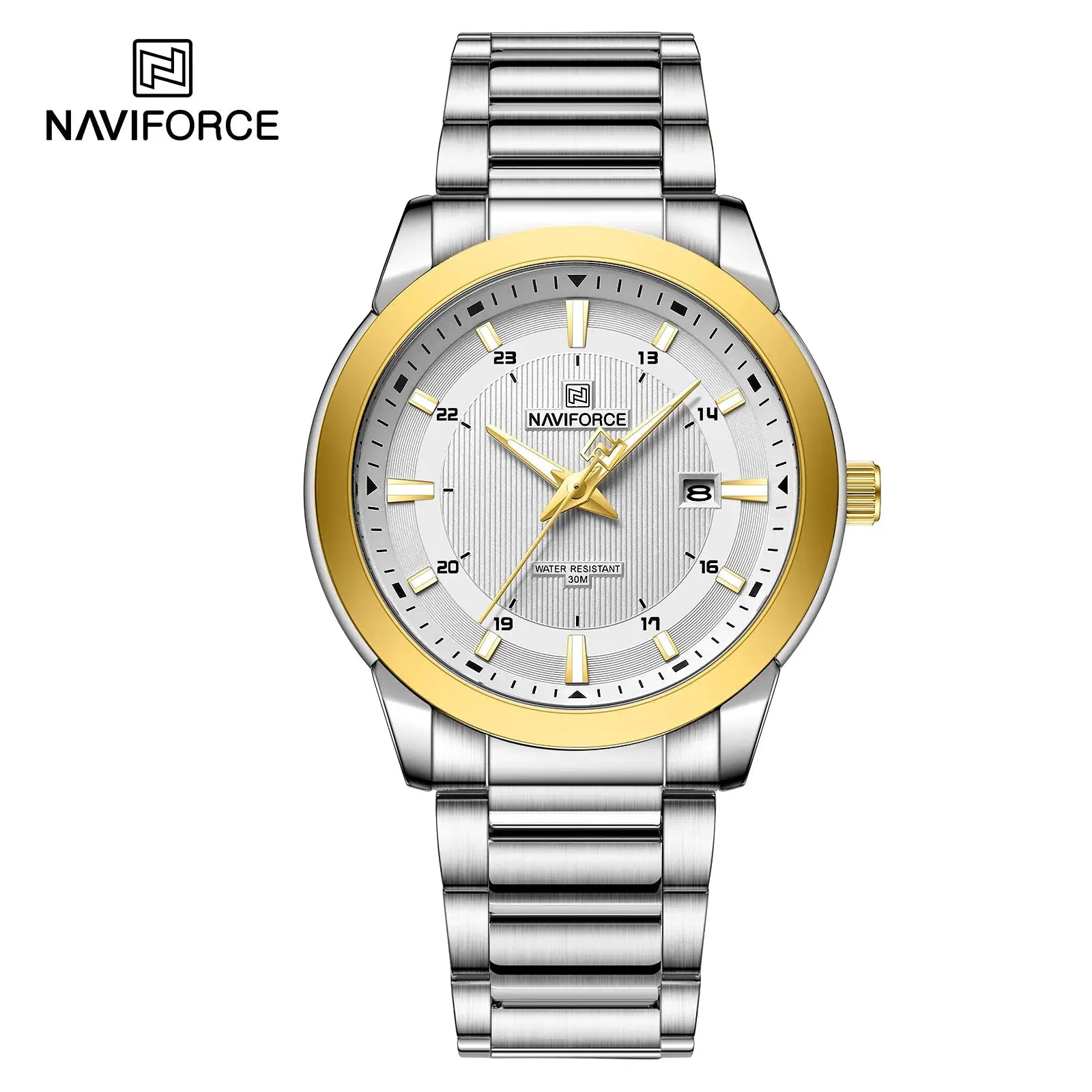 Naviforce men's stainless steel watch with gold-tone bezel and silver dial