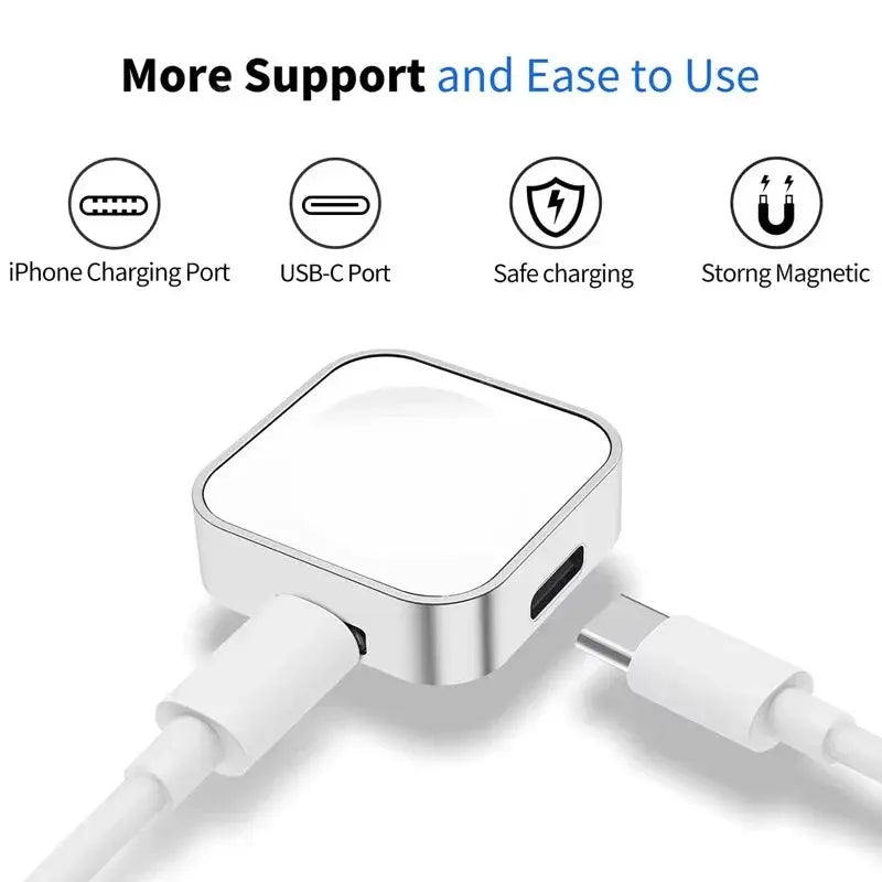 Portable wireless Apple Watch charger by Simples Market; compact silver square with USB-C input