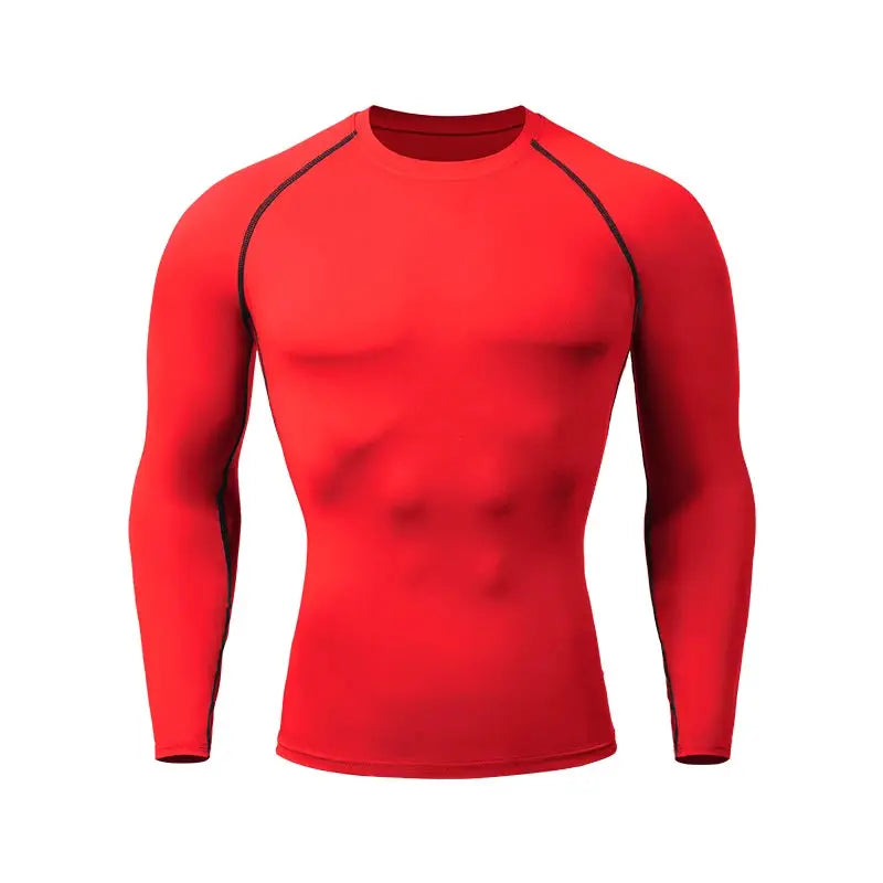 Men's red compression rashguard with long sleeves and black seam accents - Simples Market