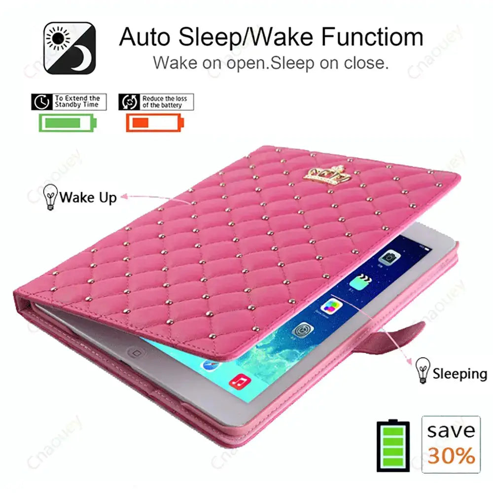 Ipad Lambskin Stand Smart Case Crown Rivet Design Plaid Pattern Scratch Resistant PU Leather