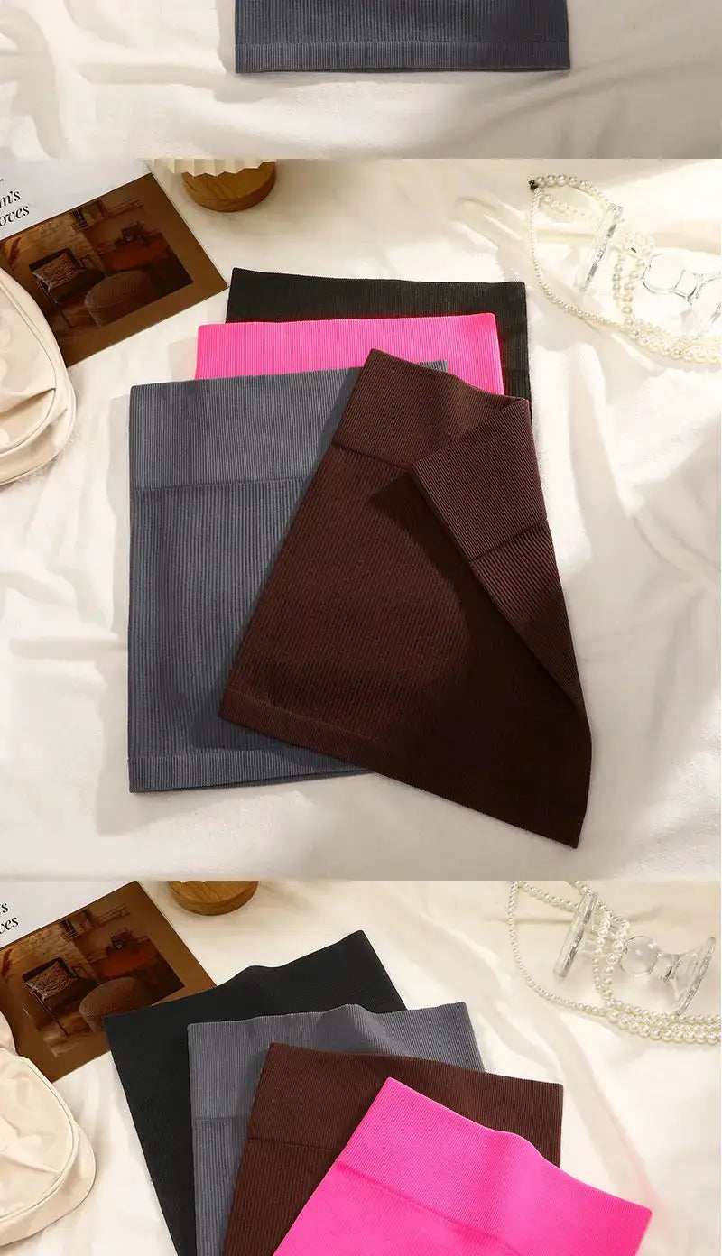 Women's high-waist knitted mini skirts in black, gray, blue-gray, brown and pink
