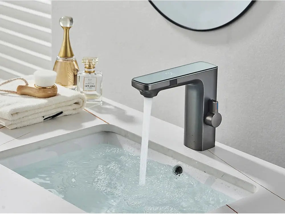 Smart sensor basin faucet with digital display and touchless hot/cold water mixer for bathroom sink