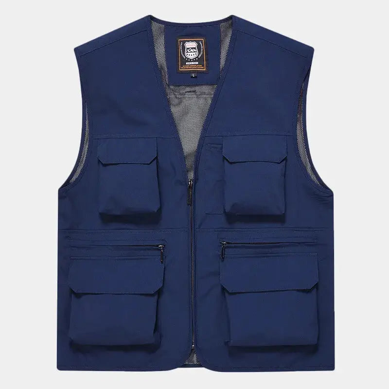 Men's navy blue vest with multiple pockets and front zipper.