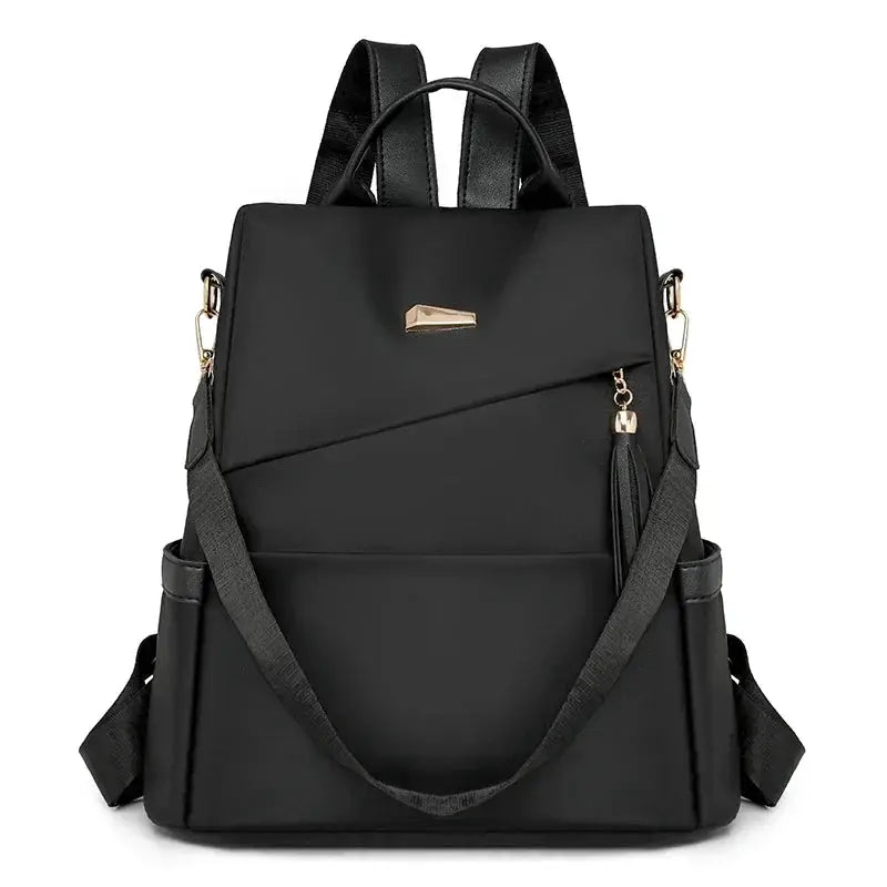 Simples Market women's nylon anti-theft backpack, black with tassel charm, large capacity