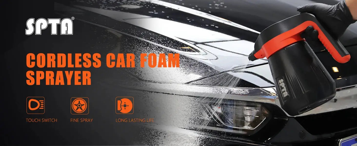 SPTA cordless car foam sprayer with 2.25L capacity, black body and orange trigger for car cleaning