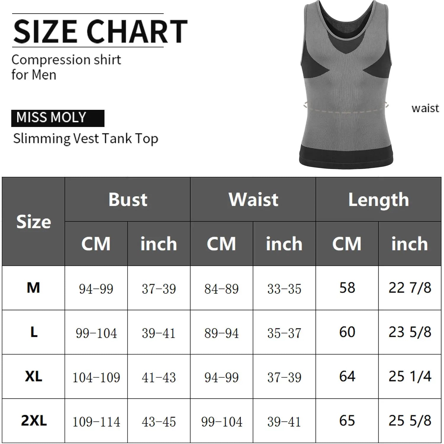 Miss Moly slimming vest tank top in gray with black side panels, shown beside a men’s size chart featuring bust, waist and length measurements
