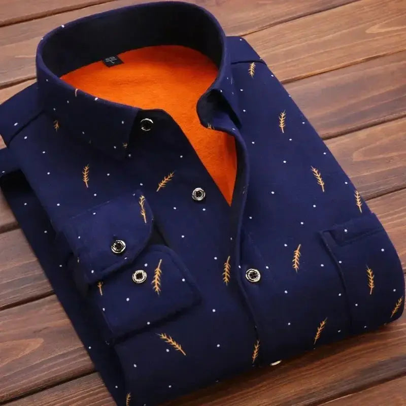 Men's navy blue long-sleeve shirt with orange lining, white dots and gold wheat motif Simples Market