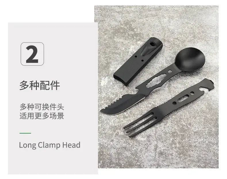 Portable multifunctional stainless steel camping utensil set with knife, spoon, fork and clamp head by Simples Market
