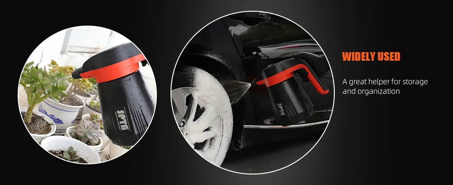 SPTA cordless foam sprayer, 2.25L battery-powered car wash foamer with red handle.