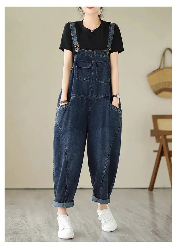 Women's blue denim overalls with suspenders, multi-pocket cargo styling and patchwork, loose casual fit.