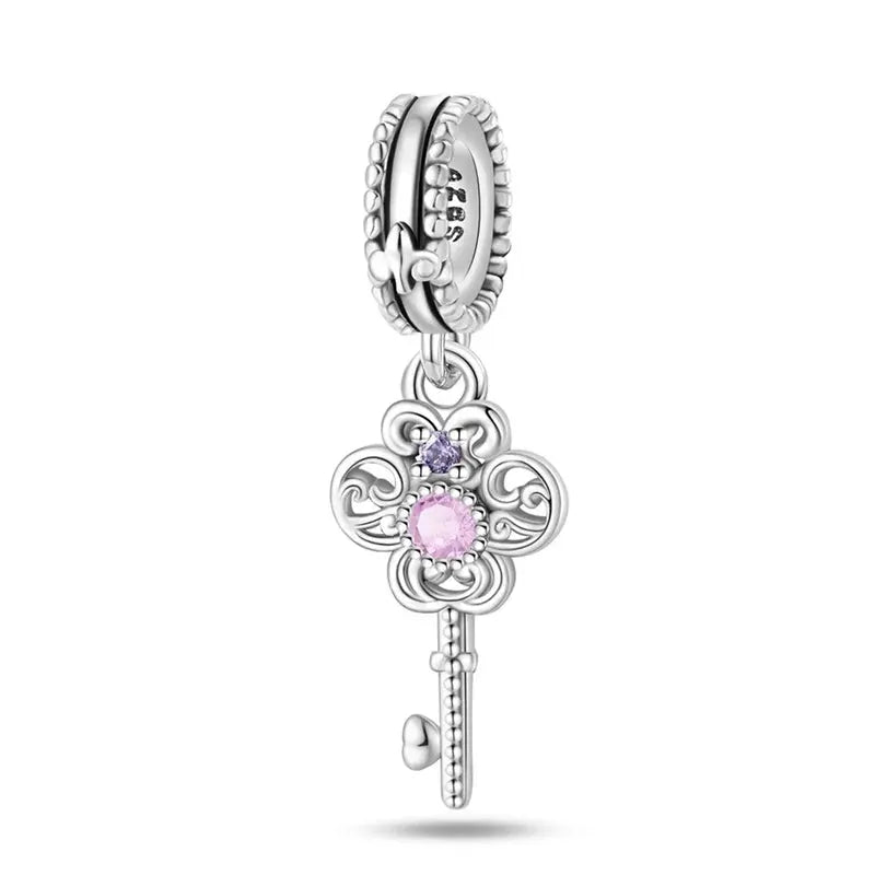 Silver plated guardian angel heart charm bead with pink and purple zircons for Qikaola 925 bracelets