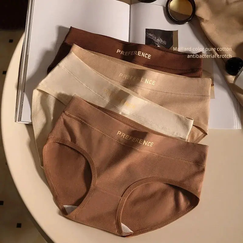 4-pack women's cotton mid-waist panties warm tan tones; soft breathable briefs, Simples Market PREFERENCE, size M-2XL.