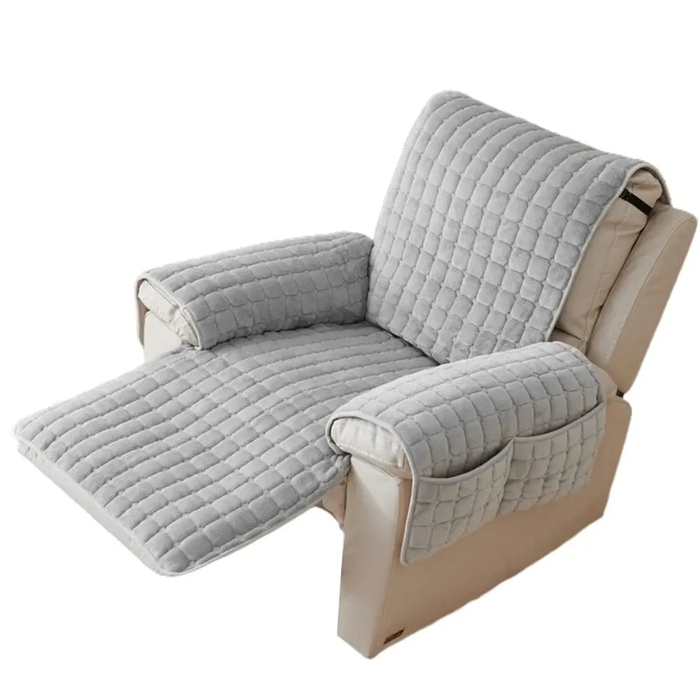 Simples Market recliner chair cover with quilted grey plush padding and armrest covers