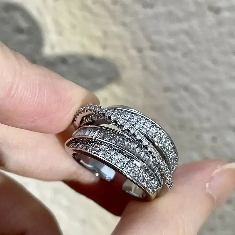 2024 Silver Color Rhinestone Ring Set For Women Multi Layer Winding Zircon Rings Wedding Fashion Jewelry Gift
