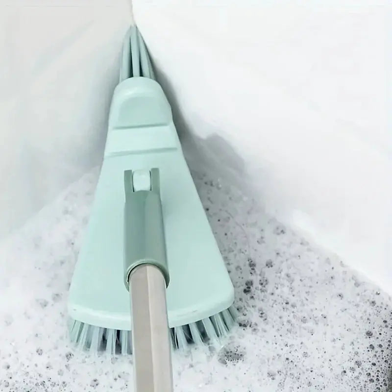 Triangle floor brush with mint-green head and long detachable handle by Simples Market for cleaning bathtub and floor gaps