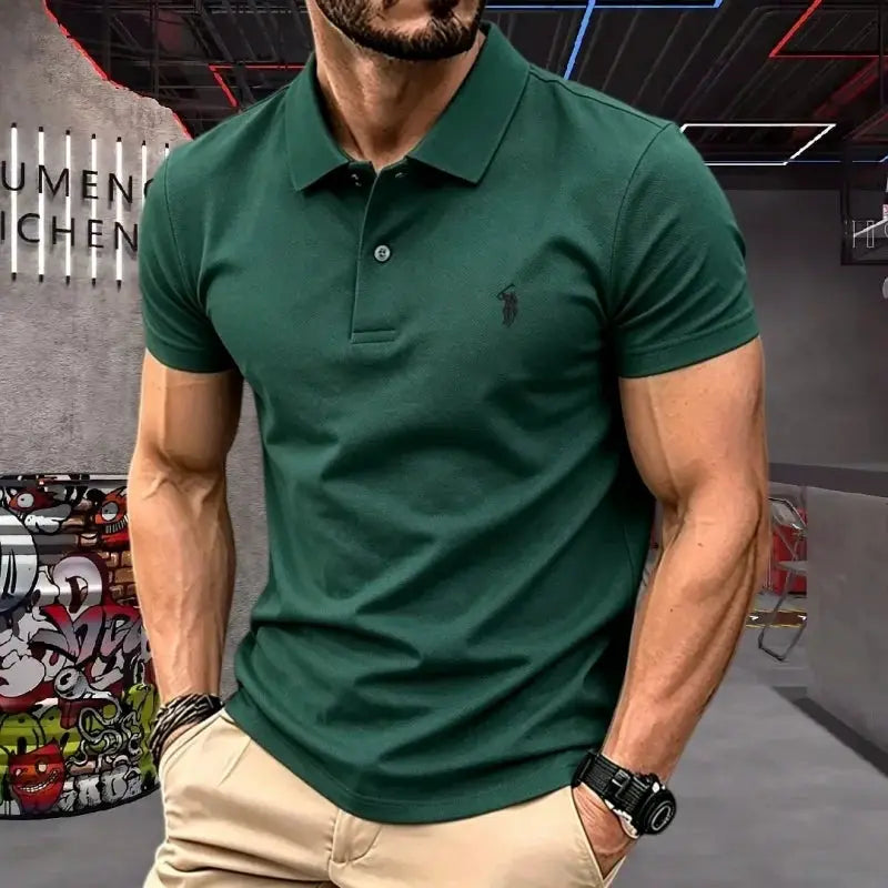 Men's green cotton polo shirt, short sleeve, with pony embroidery by Simples Market