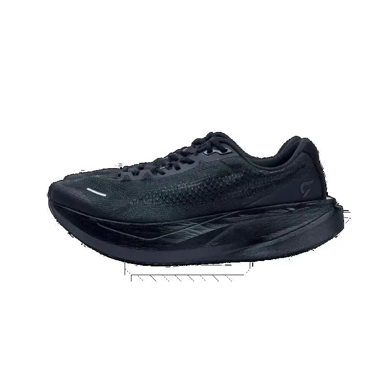 Men's black running shoe with lightweight mesh upper and thick curved midsole