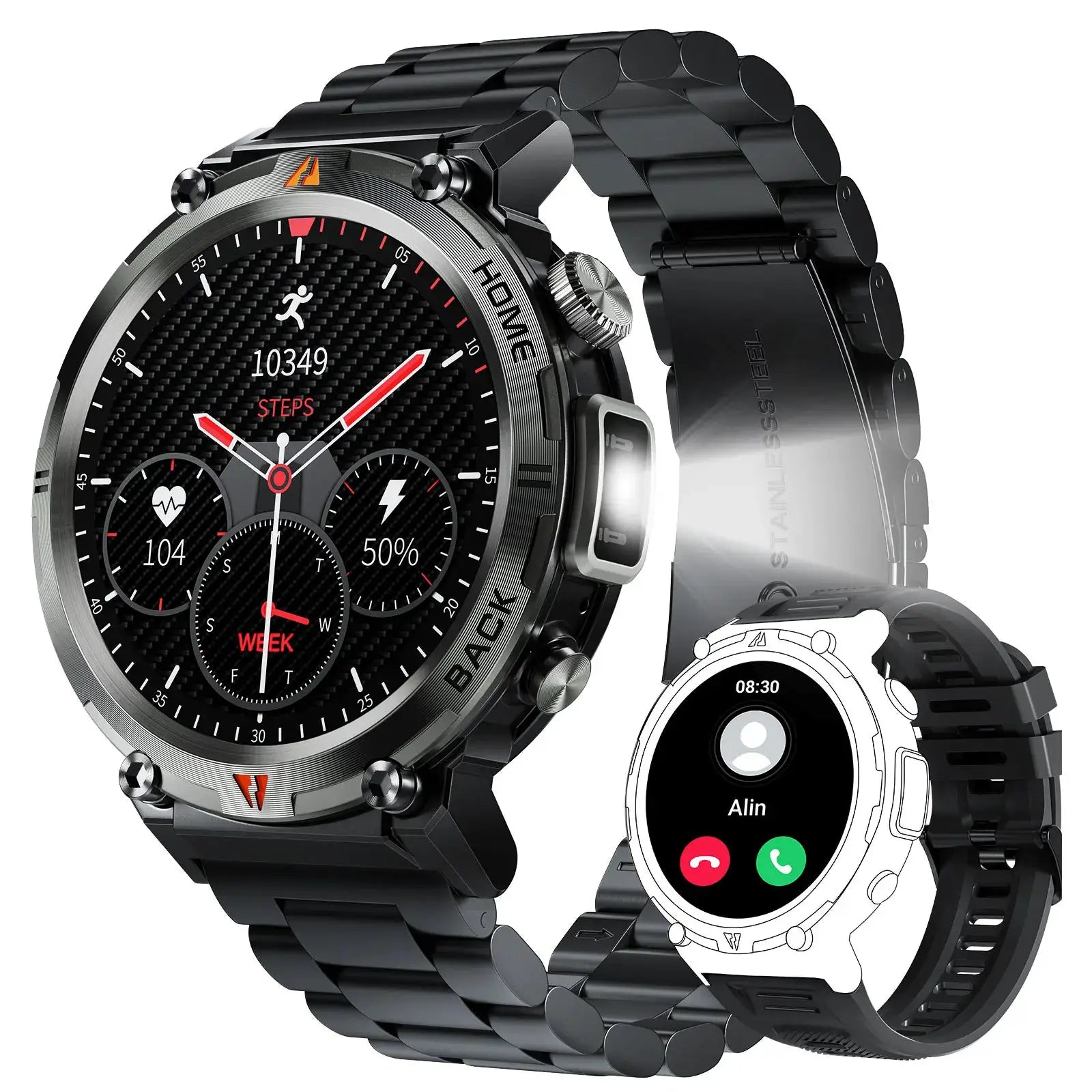 Two EIGIIS KE3 smartwatches for men with black metal bands, full touch screens, health monitor