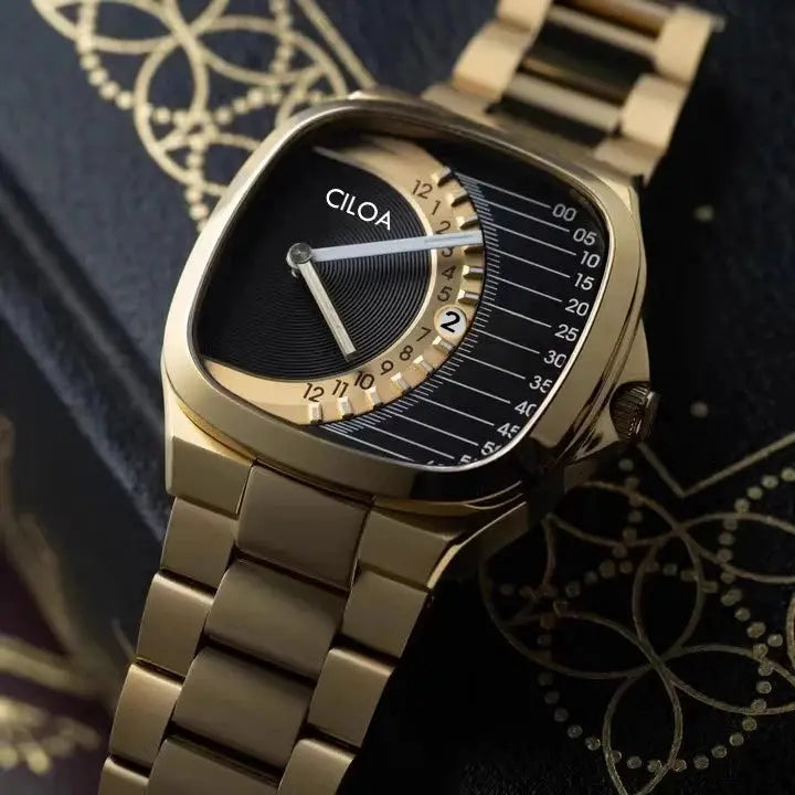CILOA retro square men's watch with gold-tone stainless steel strap, black dial and scale, water resistant quartz.