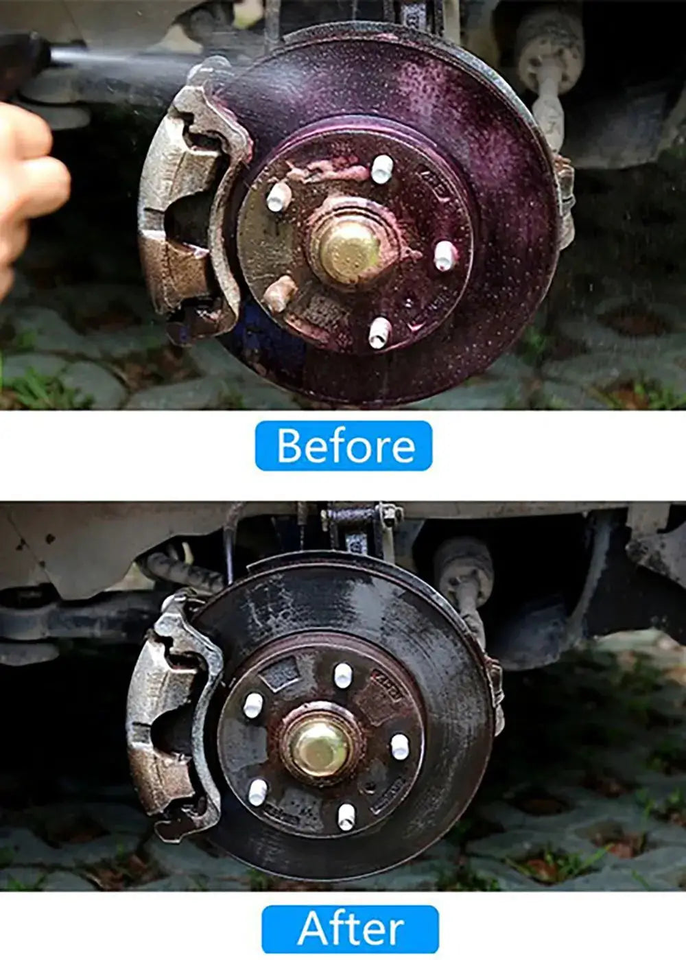 HGKJ car paint and wheel iron particles remover spray cleans rust from brake rotor and wheel rim (before and after).