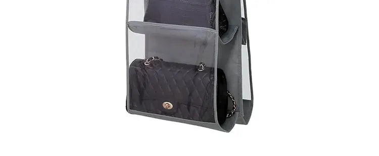 6-pocket hanging handbag organizer in gray waterproof design with clear pockets and hanger for wardrobe closet.