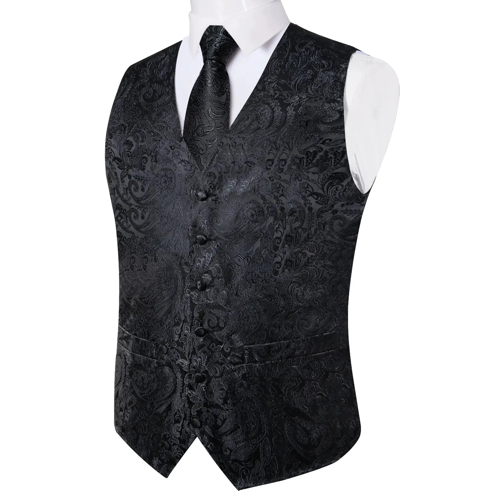 Men's black paisley jacquard waistcoat with matching tie for formal tuxedo