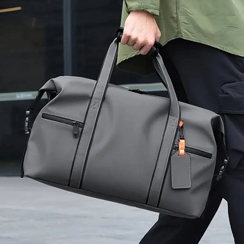 Simples Market gray travel duffel bag with large capacity, dual top handles and orange zipper pulls