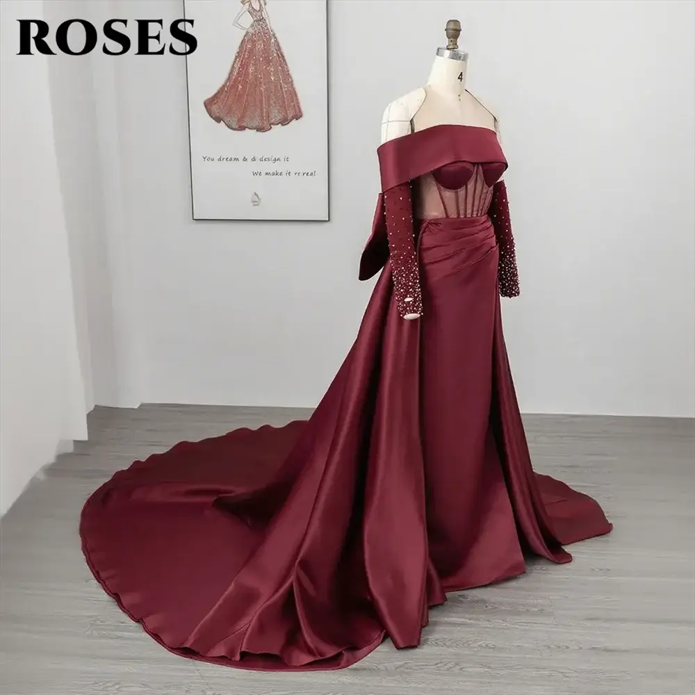 Roses Burgundy Mermaid Prom Dress One Shoulder Beading Bow Sleeve