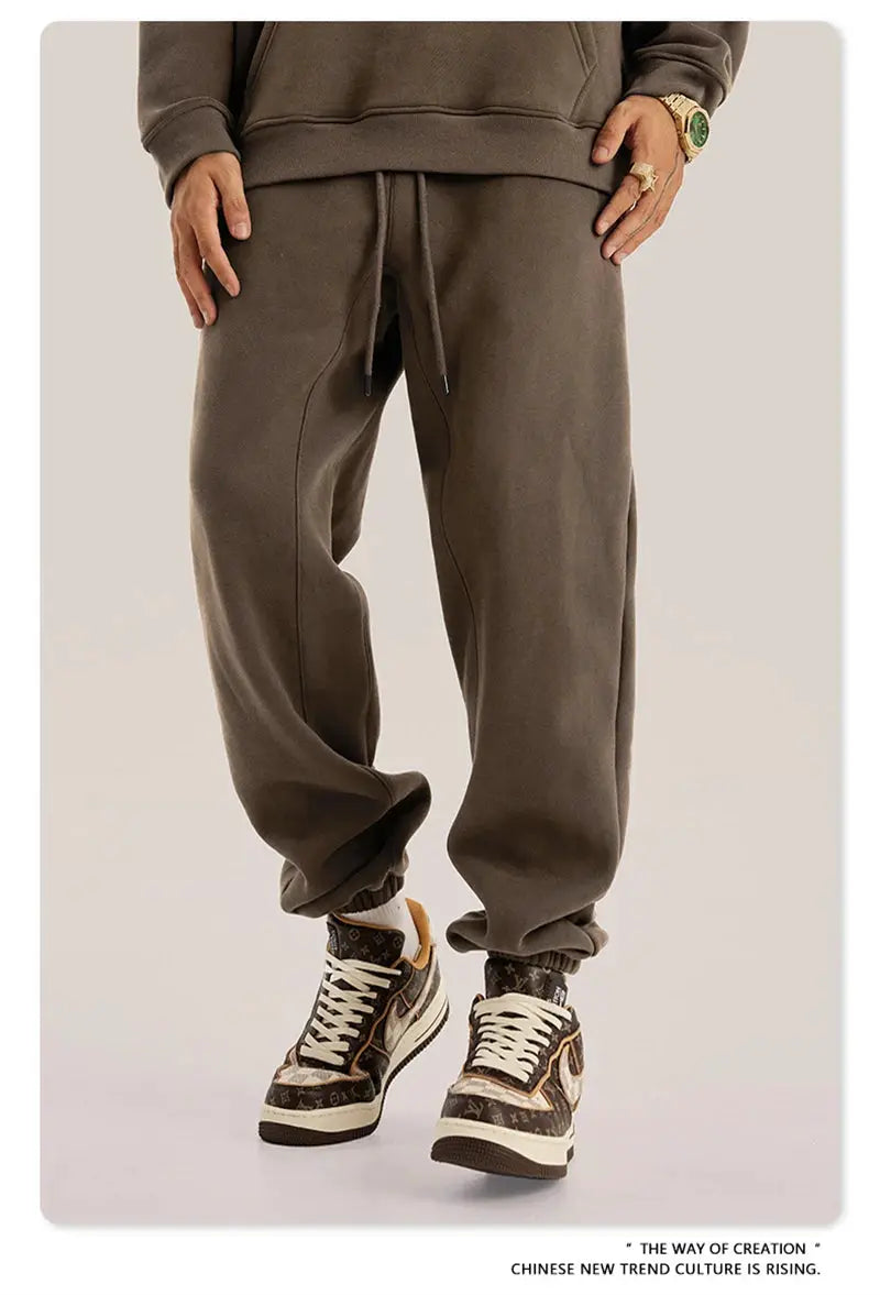 ZODF Trendy men's 345gsm fleece sweatpants, brown loose-fit joggers with drawstring