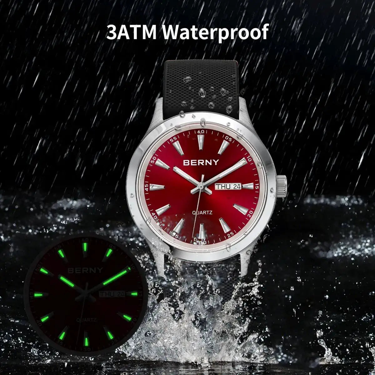 BERNY men's quartz watch with red dial and luminous hands; stainless steel case and black silicone strap