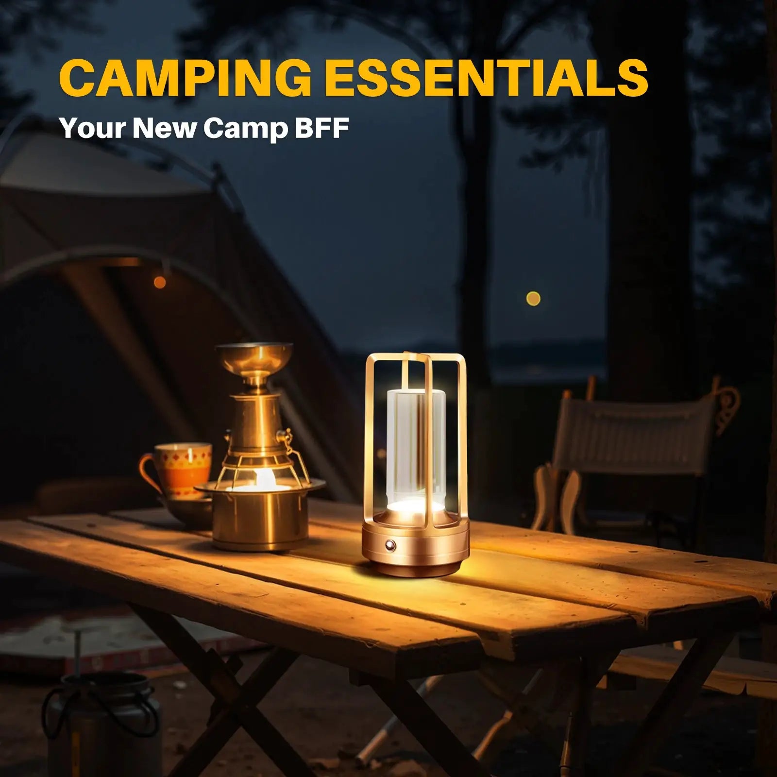 GGbingo cordless LED table lamp by Simples Market; rechargeable ambient light with a gold frame on a camping table