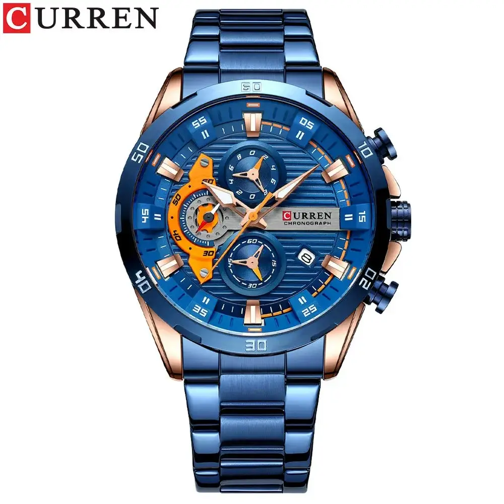 Curren 8402 stainless steel men's chronograph watch with blue dial, luminous hands, and rose-gold accents.