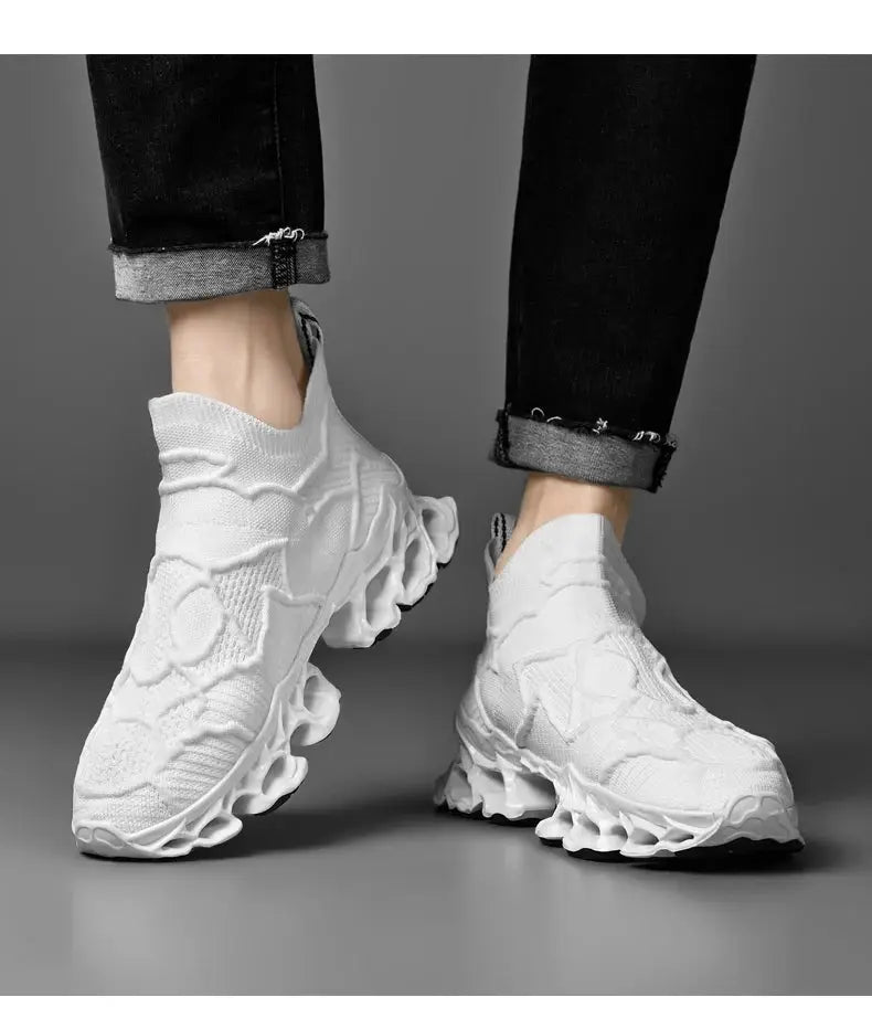 White mesh sneakers for men, casual athletic shoes with a chunky sculpted sole, pair