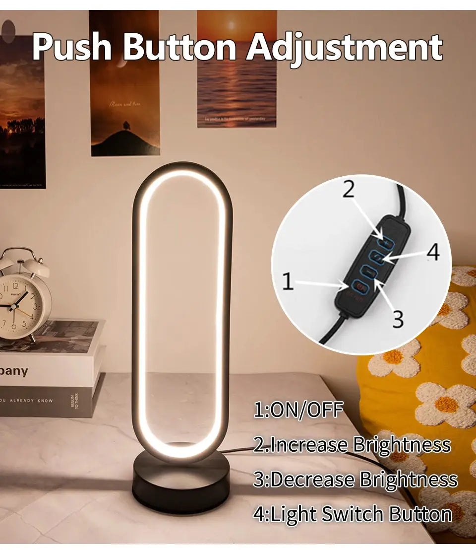 Bedroom ring night lamp with oval LED ring on black base; three-color dimmable ambient light.