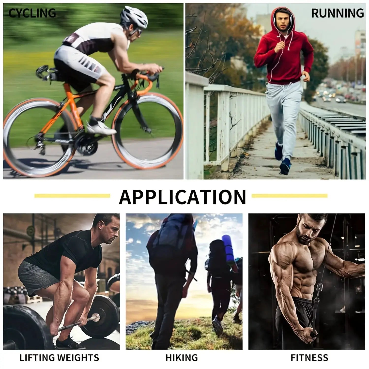 Sauna suit waist trainer vest for men by Simples Market; fitness collage of cycling and running