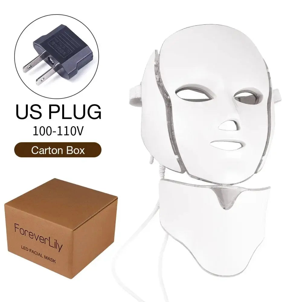 Forever Lily LED facial mask with neck wrap, white plastic, 7-color LED light therapy kit with US plug