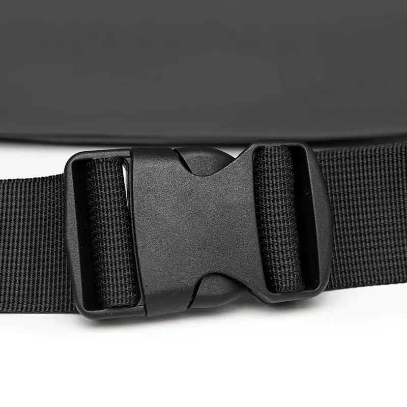 Men's black waist bag strap with plastic quick-release buckle for outdoor use.