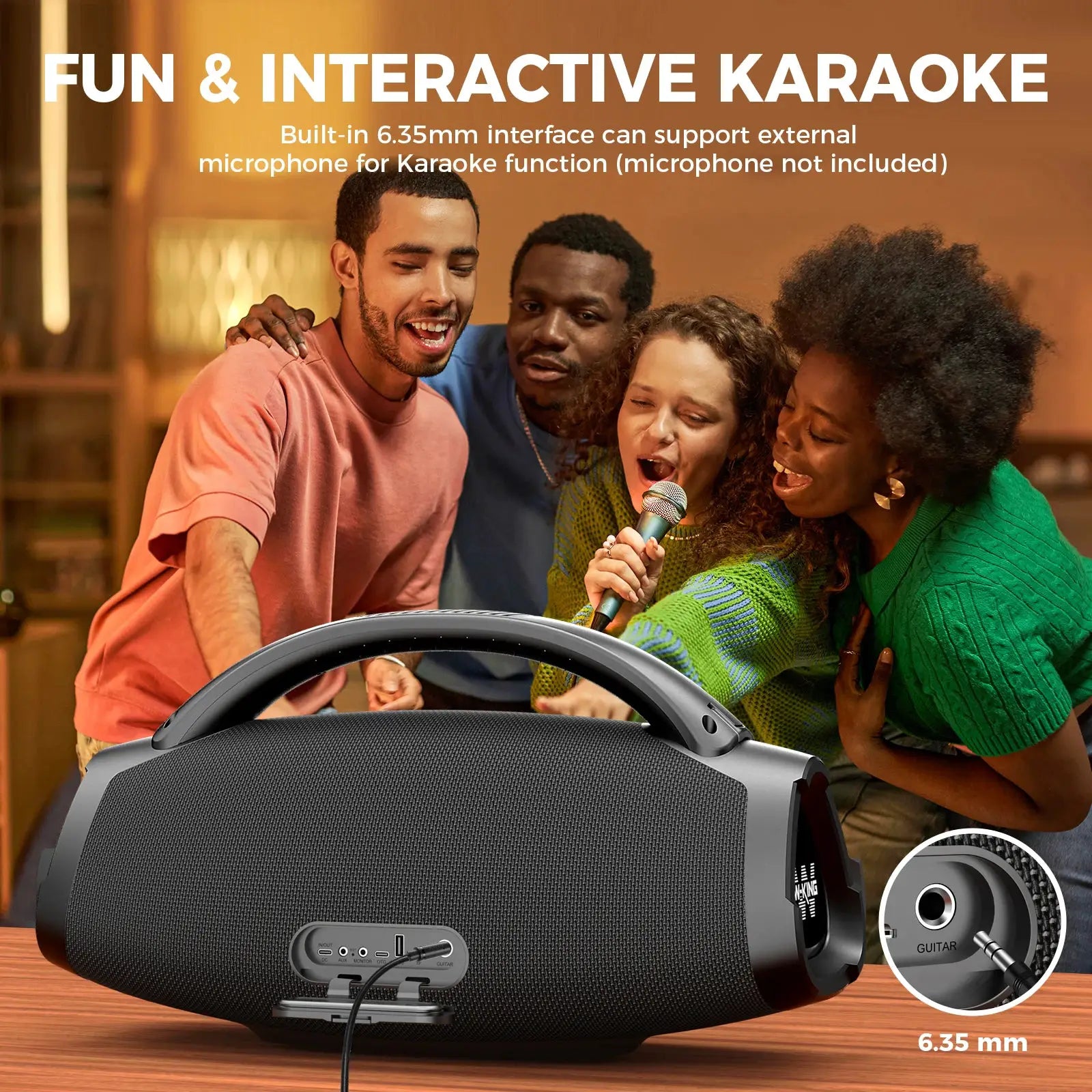 W-KING X20 200W RMS portable Bluetooth speaker, black with built-in guitar input.