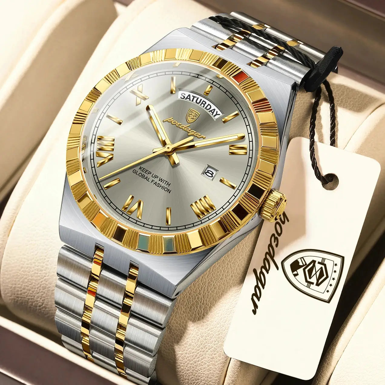 POEDAGAR men's wristwatch with silver dial, gold-tone bezel, two-tone stainless steel bracelet, day/date display
