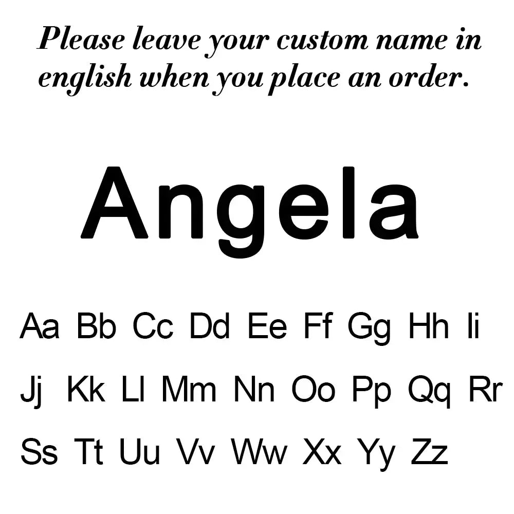 Custom name stud earrings sample card displaying the name Angela and alphabet letters