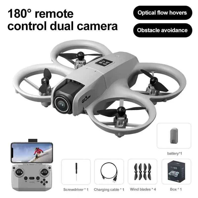 Drone GT3 MAX quadcopter by Simples Market; white with prop guards, remote with phone, blades x4, battery, box.