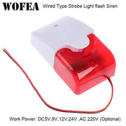WOFEA wired strobe light with red translucent housing and white top, two-wire power lead for security alarm systems