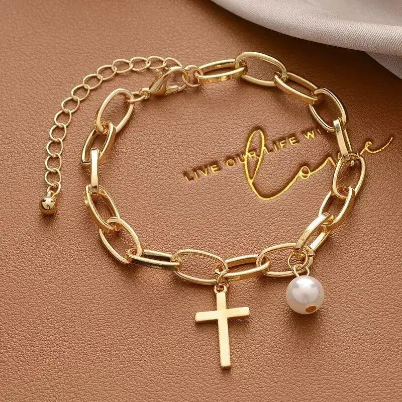 Gold Color Bracelet For Women Simple Style Thick Cross Chain With Love Human Head Cross Pearl Pendant