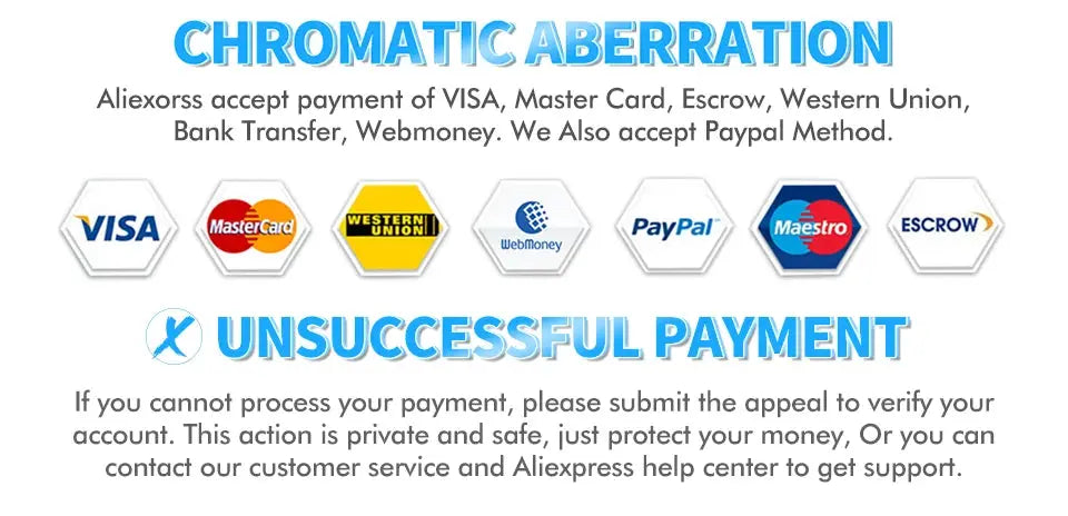 Payment logos: Visa, MasterCard, Western Union, WebMoney, PayPal, Maestro, Escrow and an unsuccessful payment alert