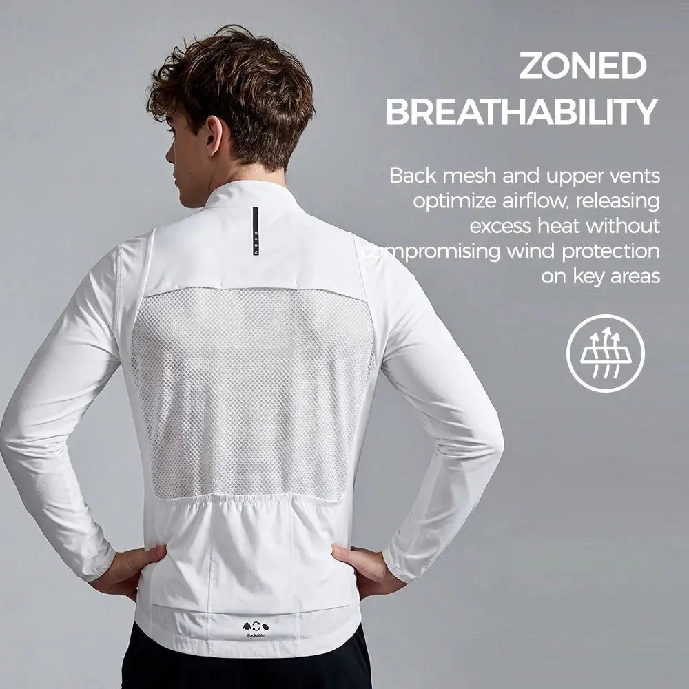 RION men's white long-sleeve windbreaker with mesh back panel, packable outdoor coat