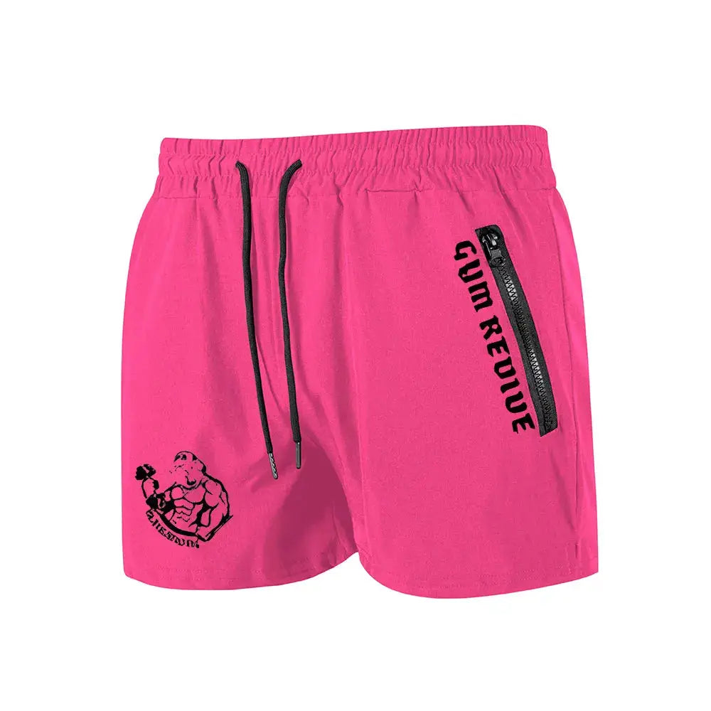Men's pink printed quick-dry gym shorts with black drawstrings and zippered side pockets