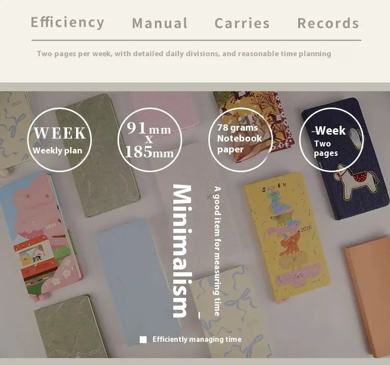 Kinbor 2026 weekly planner pocket notebook by Simples Market; multiple covers, 91mm x 185mm, two-page weekly layout.