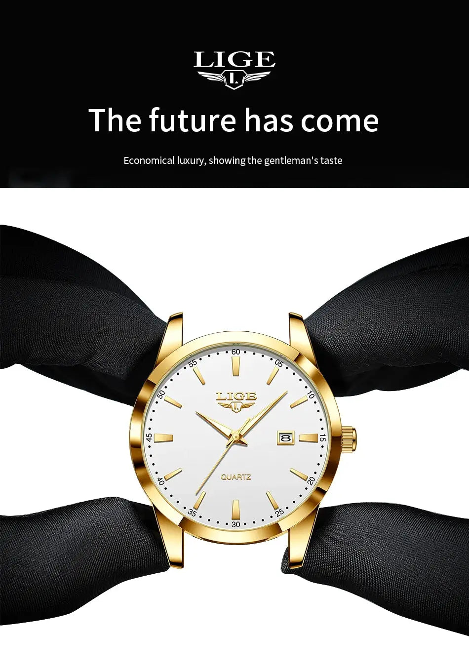 LIGE men's gold-tone quartz wristwatch with white dial, date window, and logo on dial